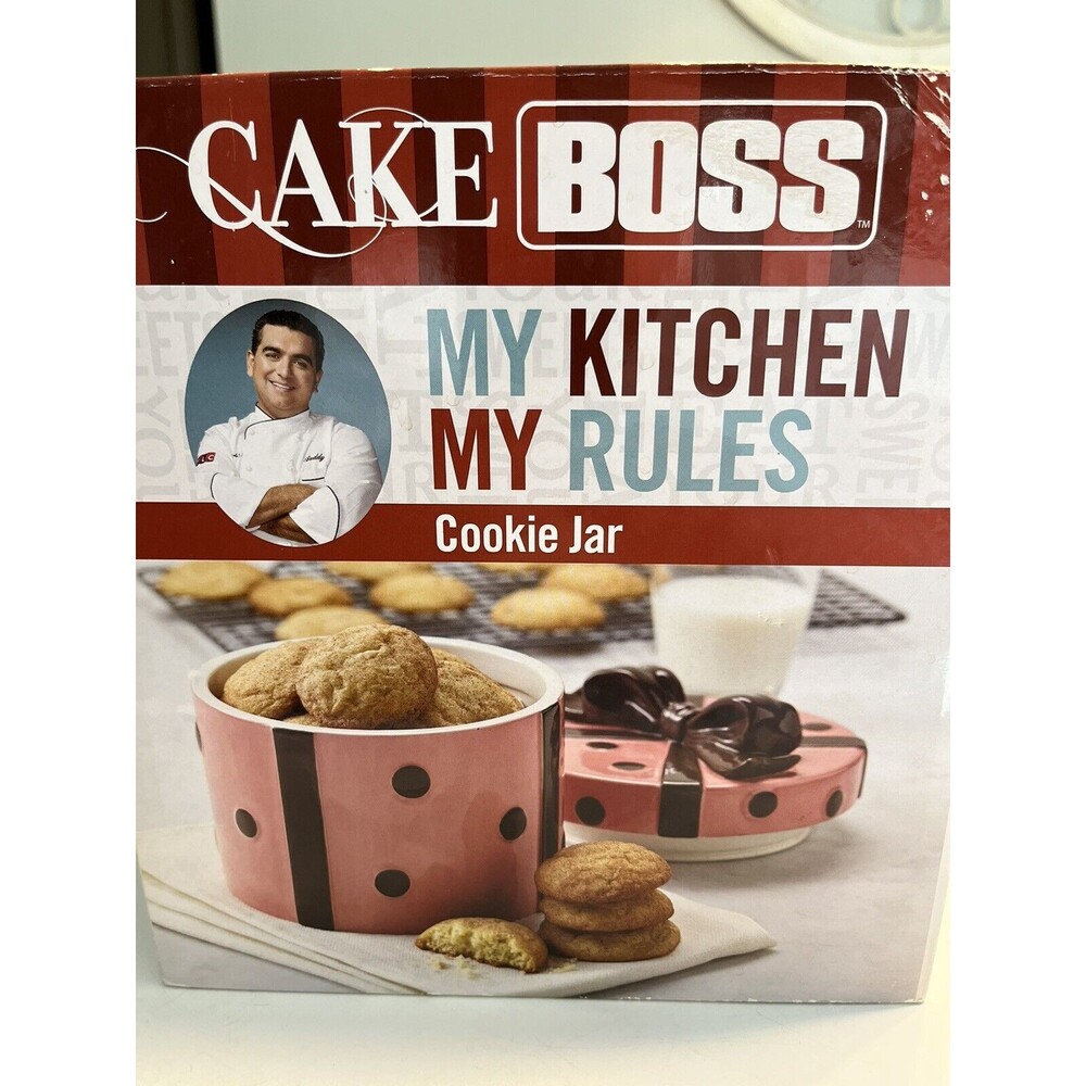 NIB ~ CAKE BOSS Cookie Jar Ceramic  Pink & Chocolate Polka Dot Ribbon & Bow